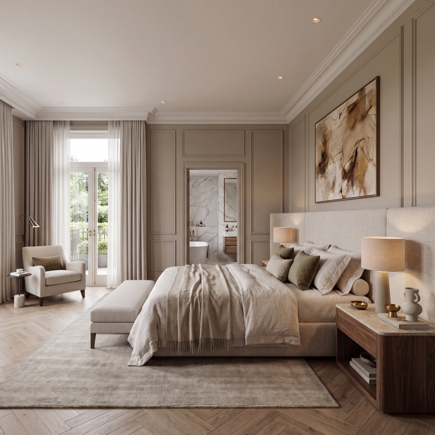 Bedroom suite with marble ensuite, juliet balcony and herringbone oak floor