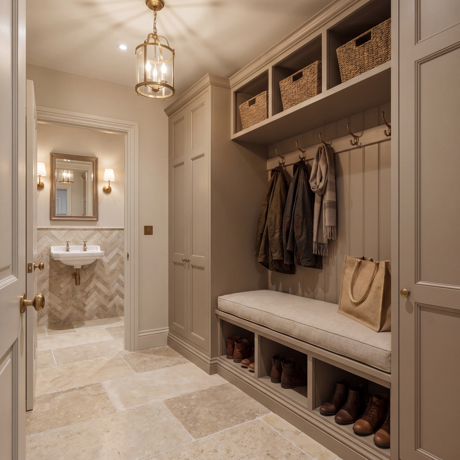 Stone-floored boot room with taupe joinery, woven baskets and brass lantern