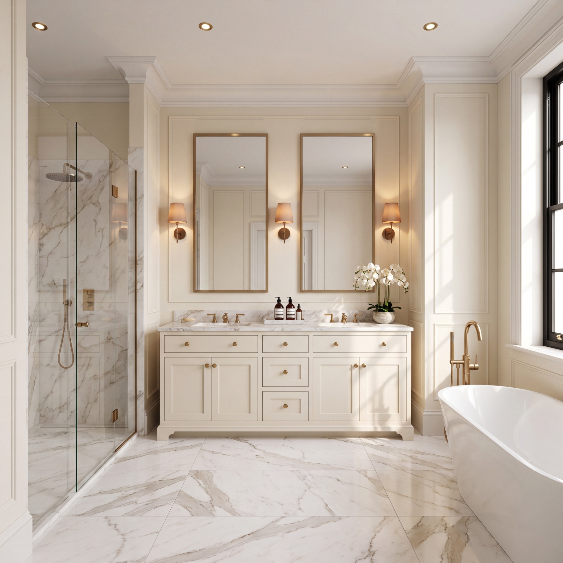 Principal ensuite with calacatta marble, twin vanity and freestanding bath