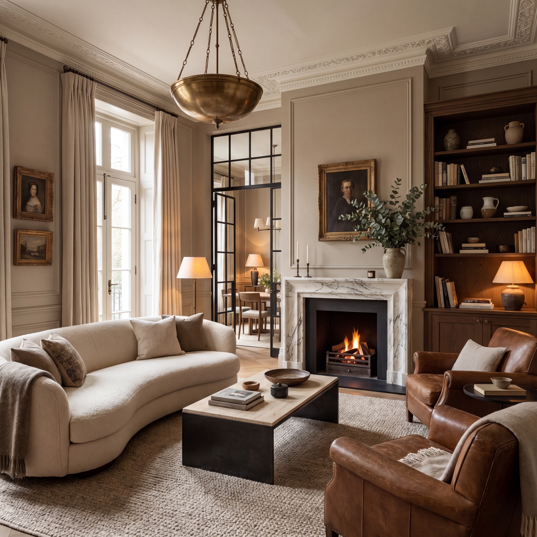 Curved bouclé sofa, marble fireplace and built-in bookshelves in panelled reception room