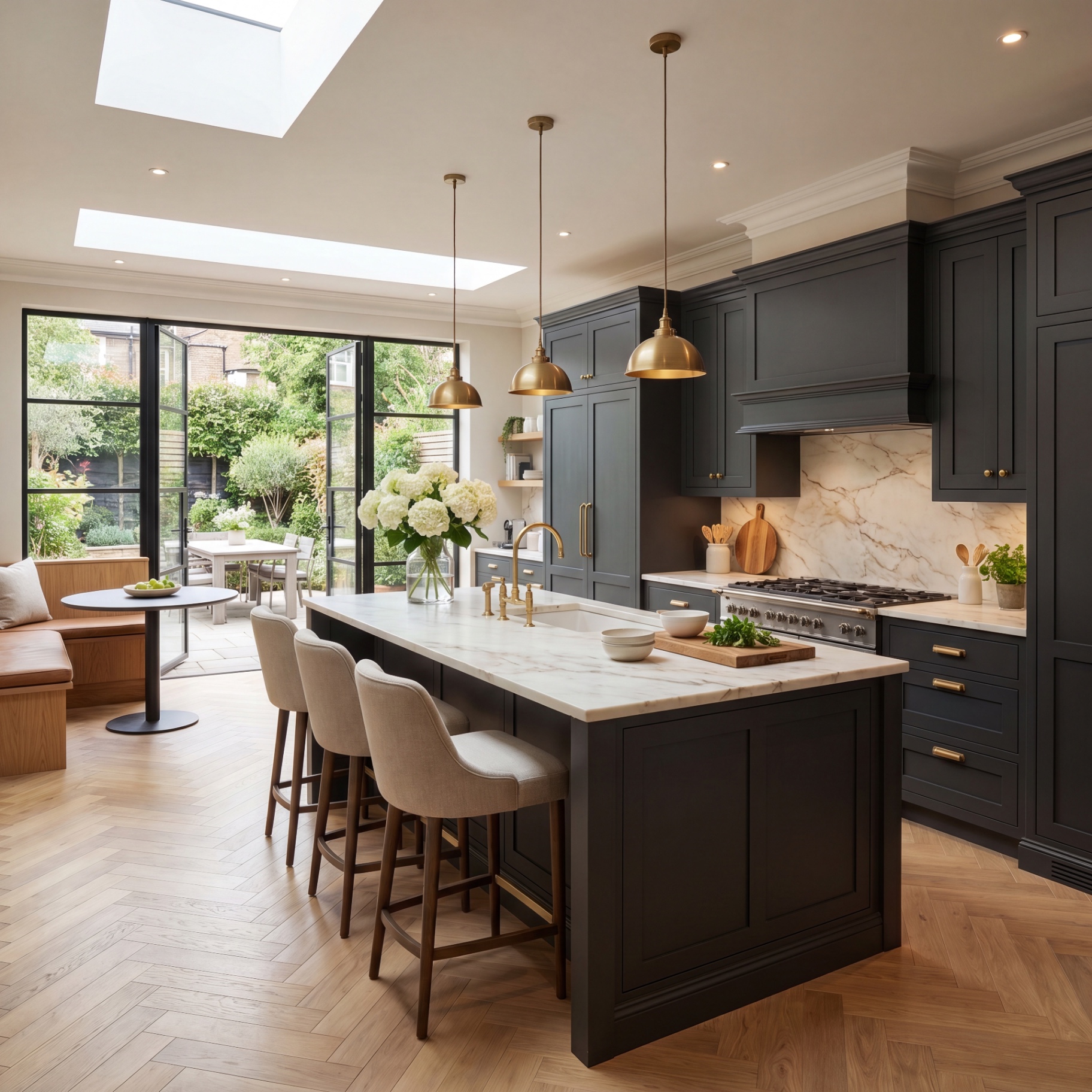 Dark navy kitchen with marble backsplash, brass pendants and herringbone parquet