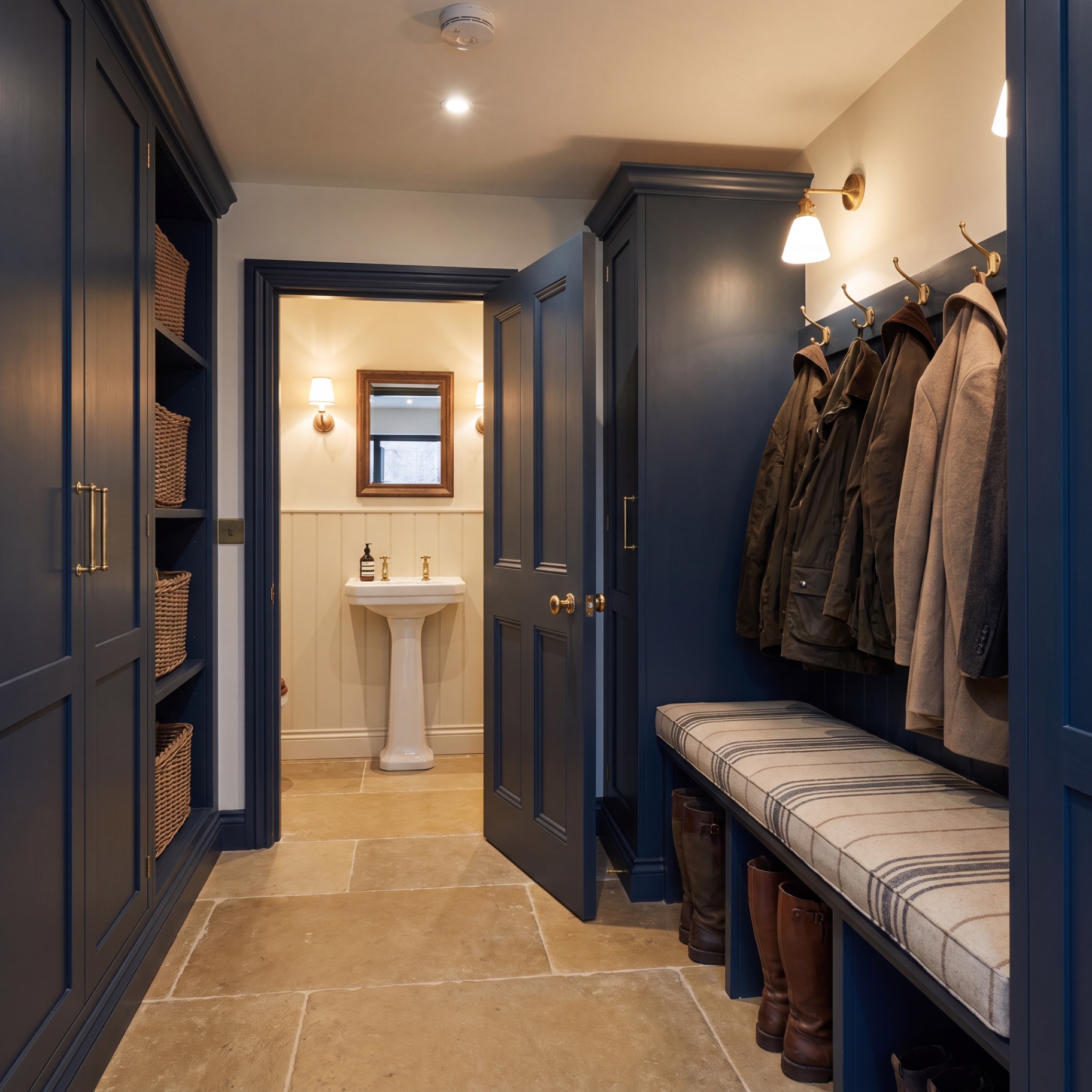 Navy panelled boot room with tweed bench, brass sconces and pedestal cloakroom beyond