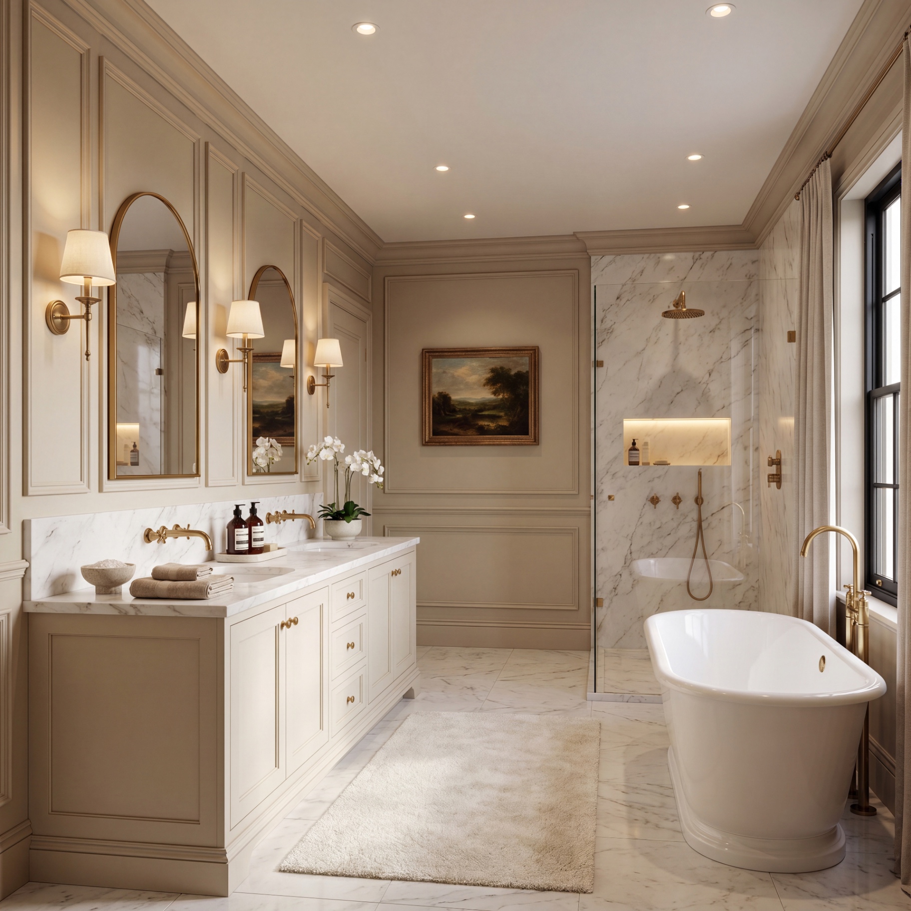 Classical bathroom with panelled walls, arched mirrors and brass fittings