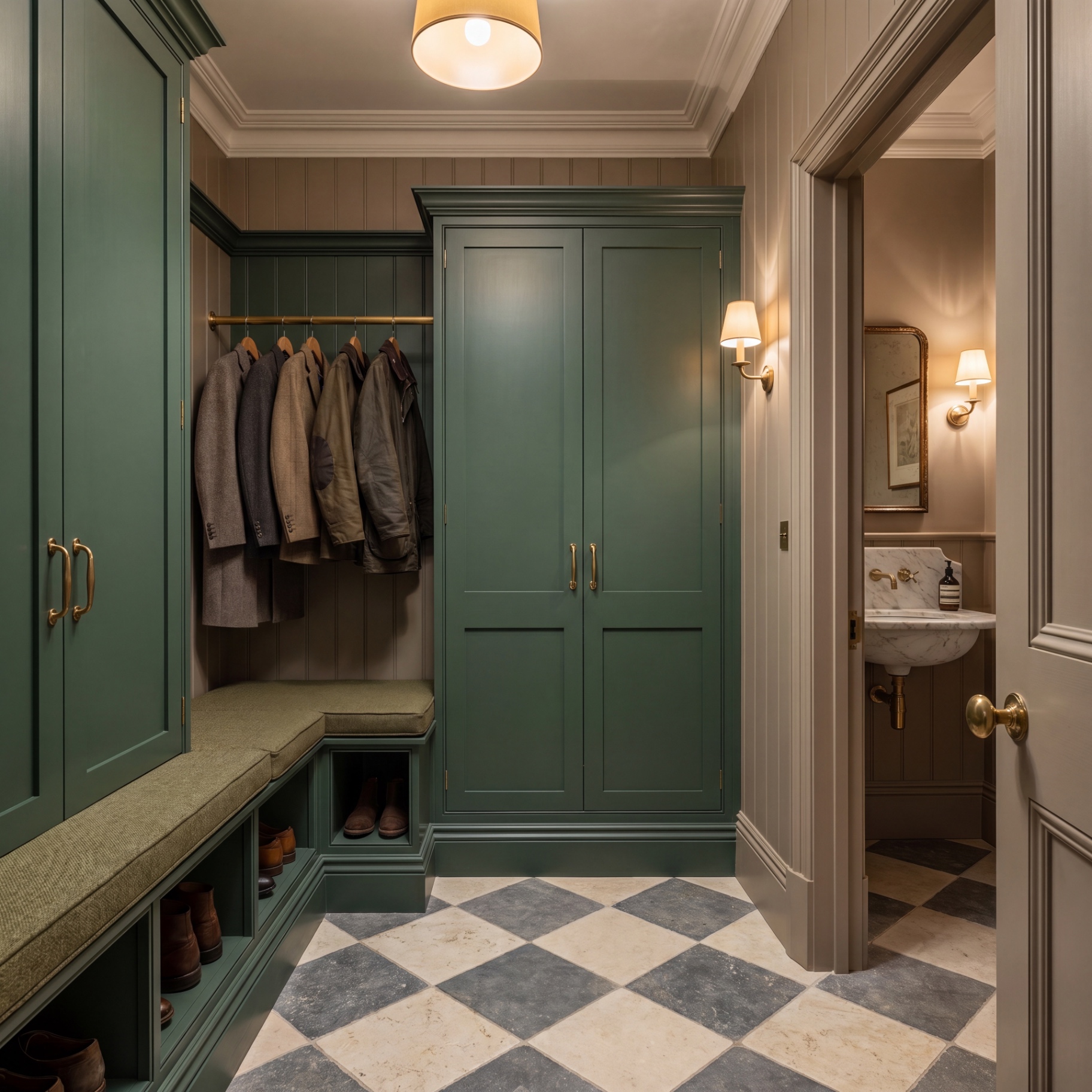 Sage green boot room with checkerboard stone floor, brass rail and adjacent powder room