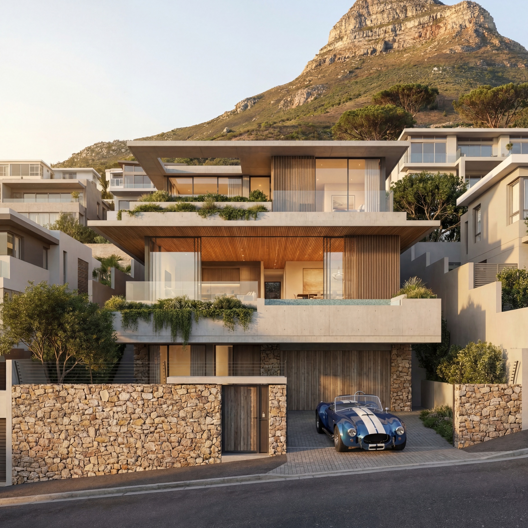 Cinematic architectural residence — terraced concrete villa with planted balconies set against a mountain backdrop