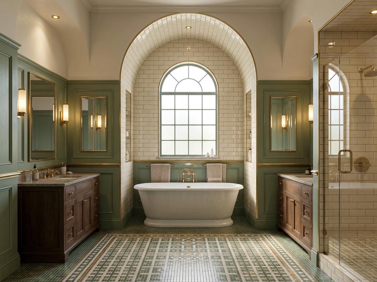 Arched bathroom with green panelled joinery, brass detailing and mosaic flooring