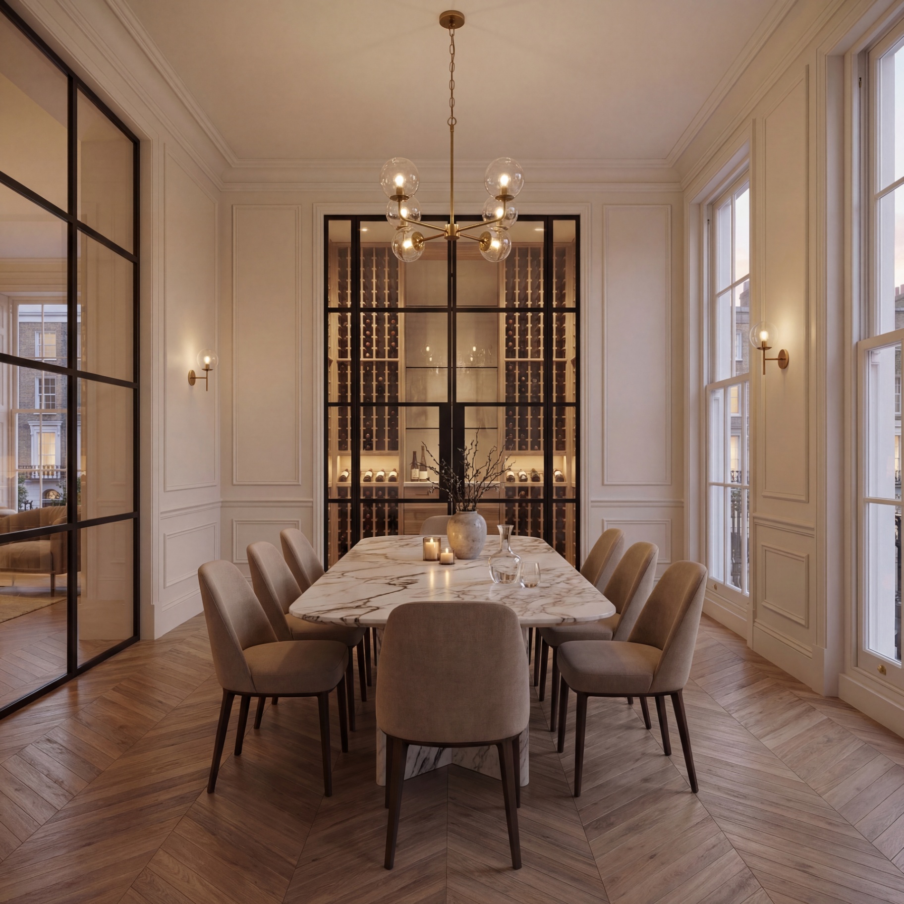 Townhouse dining room with marble table, crittall wine wall and herringbone parquet