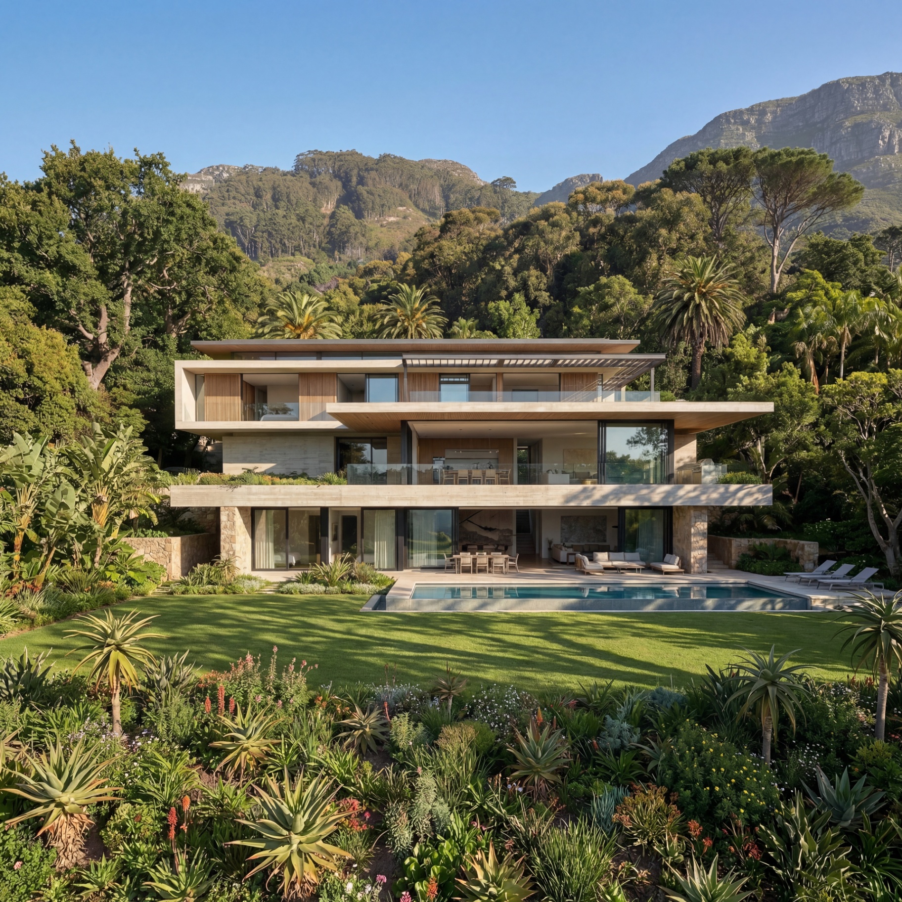 Private architectural villa nestled against Cape Town mountainside
