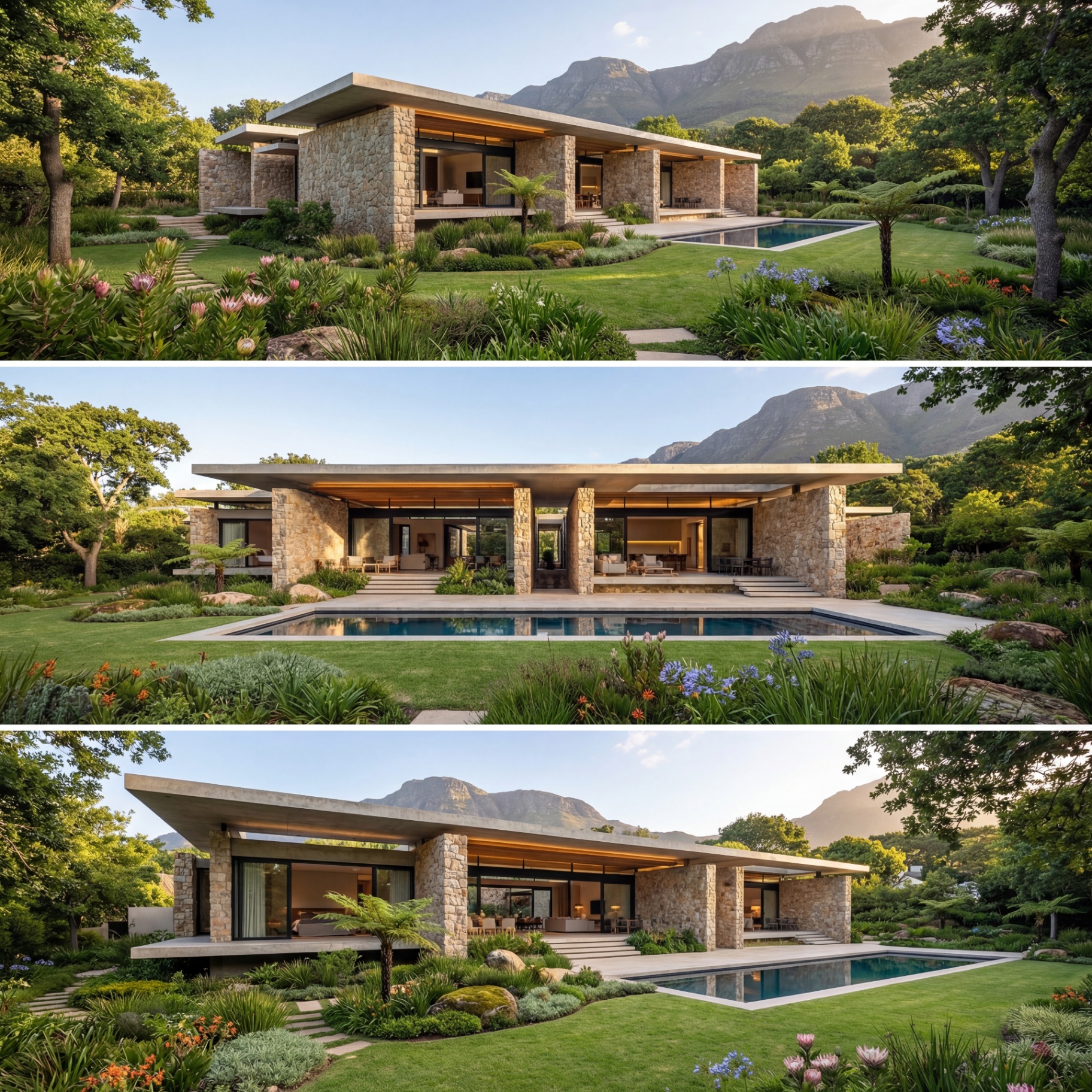Cliffside villa exterior — full architectural composition with landscape and mountain backdrop